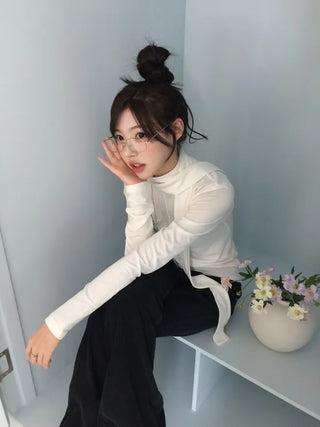 Shitori ribbon muffler cut slim fit fleece polo long sleeve t-shirt