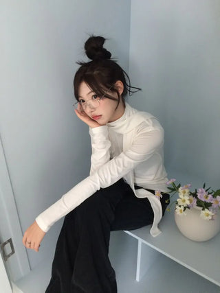 Shitori ribbon muffler cut slim fit fleece polo long sleeve t-shirt