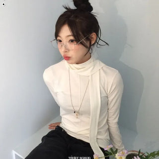 Shitori ribbon muffler cut slim fit fleece polo long sleeve t-shirt
