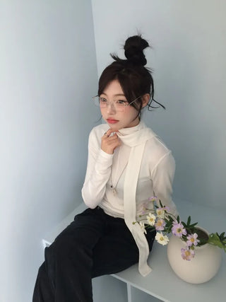 Shitori ribbon muffler cut slim fit fleece polo long sleeve t-shirt