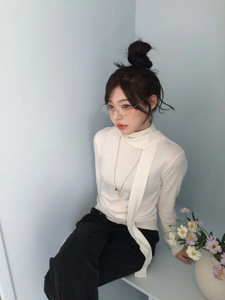 Shitori ribbon muffler cut slim fit fleece polo long sleeve t-shirt