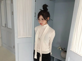 Shitori ribbon muffler cut slim fit fleece polo long sleeve t-shirt