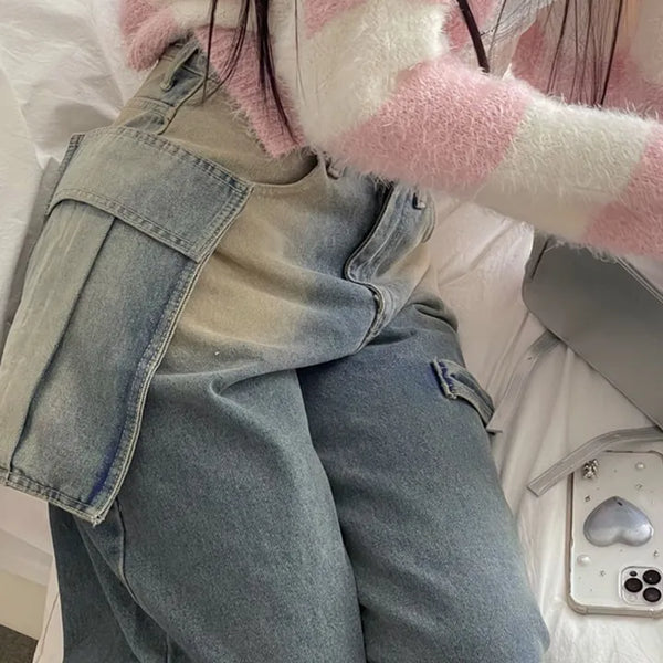 Luha Two-Way Snap Button Pocket Vintage Strap Denim Pants One Color