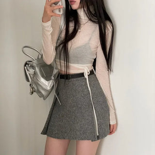 Clue Wool See-Through Uneven Ballet Core Strap Polo Shirt