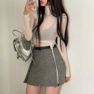 Clue Wool See-Through Uneven Ballet Core Strap Polo Shirt