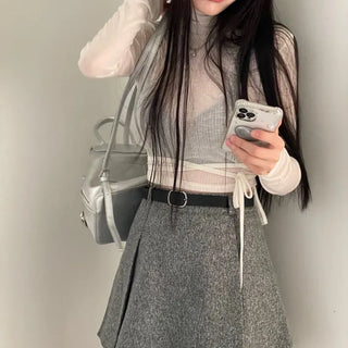 Clue Wool See-Through Uneven Ballet Core Strap Polo Shirt