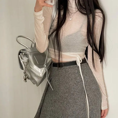 Clue Wool See-Through Uneven Ballet Core Strap Polo Shirt