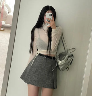 Clue Wool See-Through Uneven Ballet Core Strap Polo Shirt