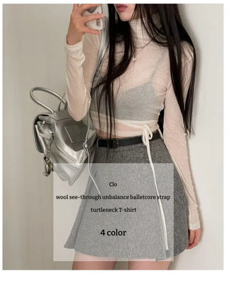 Clue Wool See-Through Uneven Ballet Core Strap Polo Shirt