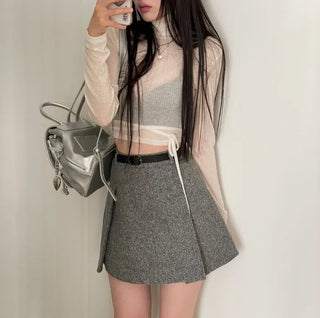 Clue Wool See-Through Uneven Ballet Core Strap Polo Shirt