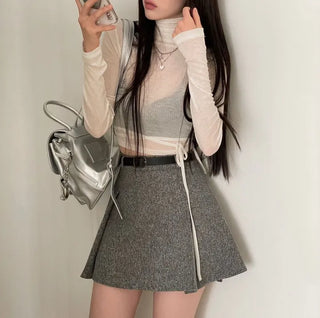 Clue Wool See-Through Uneven Ballet Core Strap Polo Shirt