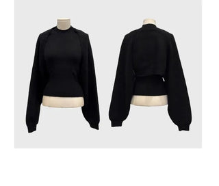 Warm Veil, Slim Fit Halter Neck Nashi, Loose Fit Bolero Knit Cardigan Set