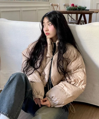 Dope String Color Block Snap Button High Neck Wellon Short Padding