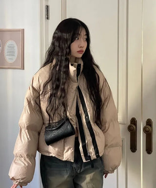 Dope String Color Block Snap Button High Neck Wellon Short Padding