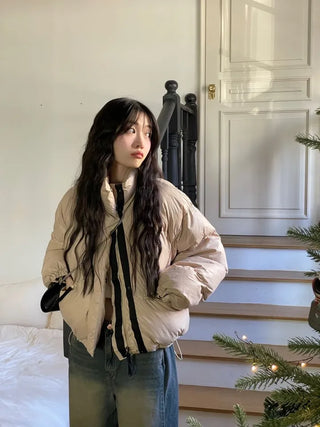 Dope String Color Block Snap Button High Neck Wellon Short Padding