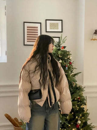 Dope String Color Block Snap Button High Neck Wellon Short Padding