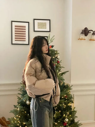 Dope String Color Block Snap Button High Neck Wellon Short Padding