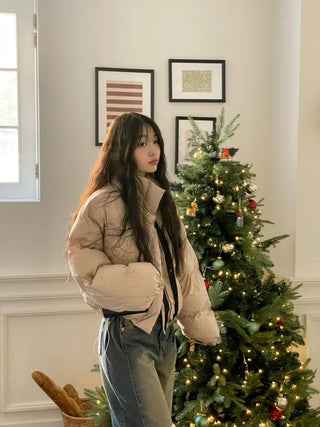 Dope String Color Block Snap Button High Neck Wellon Short Padding