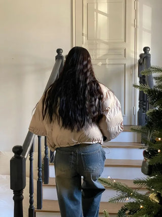 Dope String Color Block Snap Button High Neck Wellon Short Padding