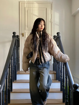 Dope String Color Block Snap Button High Neck Wellon Short Padding