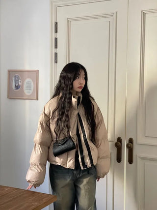 Dope String Color Block Snap Button High Neck Wellon Short Padding