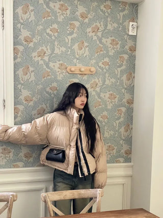 Dope String Color Block Snap Button High Neck Wellon Short Padding