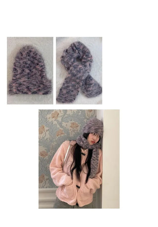 Set Blurry Mix Fluffy Soft Knit Beanie Muffler Set