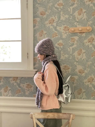 Set Blurry Mix Fluffy Soft Knit Beanie Muffler Set