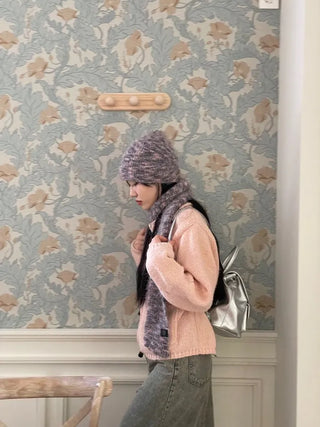 Set Blurry Mix Fluffy Soft Knit Beanie Muffler Set