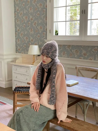 Set Blurry Mix Fluffy Soft Knit Beanie Muffler Set