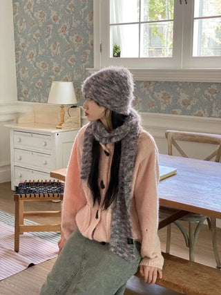 Set Blurry Mix Fluffy Soft Knit Beanie Muffler Set
