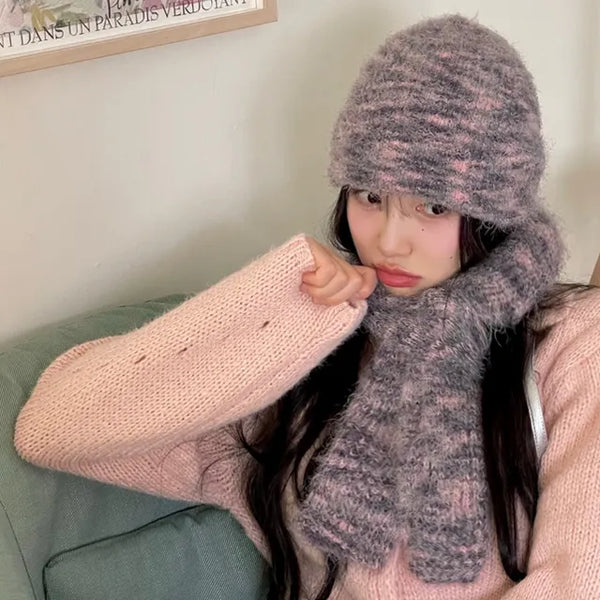 Set Blurry Mix Fluffy Soft Knit Beanie Muffler Set