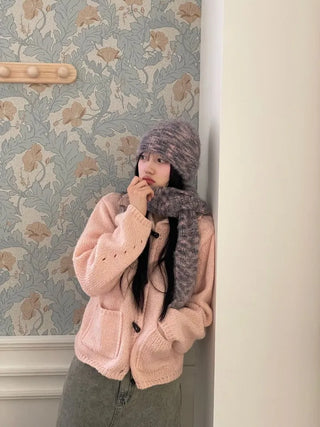 Set Blurry Mix Fluffy Soft Knit Beanie Muffler Set