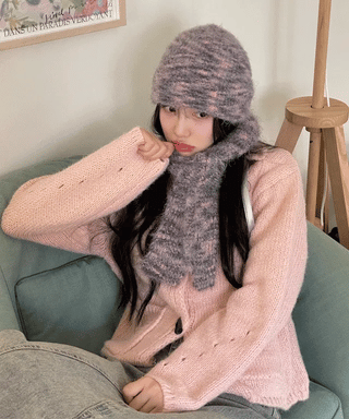 Set Blurry Mix Fluffy Soft Knit Beanie Muffler Set