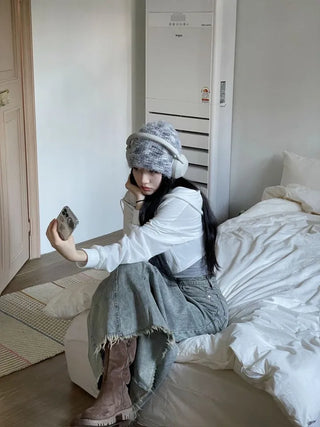 Set Blurry Mix Fluffy Soft Knit Beanie Muffler Set