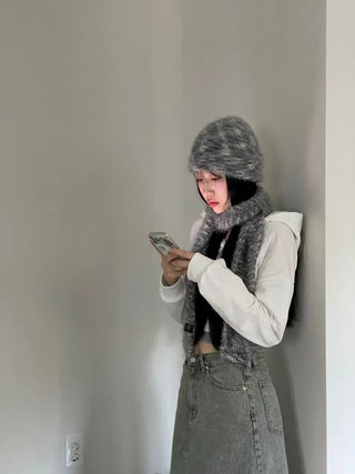 Set Blurry Mix Fluffy Soft Knit Beanie Muffler Set