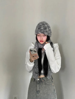 Set Blurry Mix Fluffy Soft Knit Beanie Muffler Set