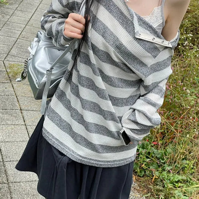 Kumi Two-Way Unbalanced Totto Loose Fit Color Block Striped Round Long Sleeve T-Shirt