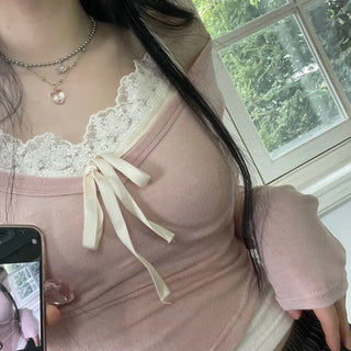Big V-neck cropped long sleeve T-shirt in