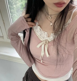 Big V-neck cropped long sleeve T-shirt in