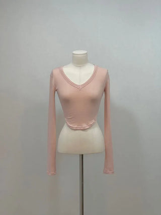 Big V-neck cropped long sleeve T-shirt in