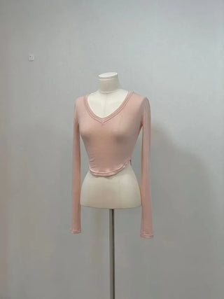 Big V-neck cropped long sleeve T-shirt in