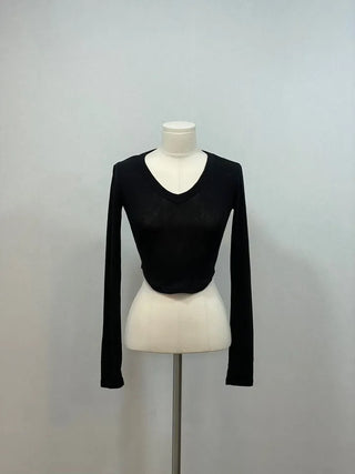Big V-neck cropped long sleeve T-shirt in