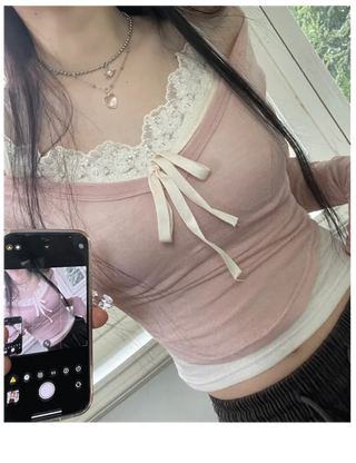 Big V-neck cropped long sleeve T-shirt in