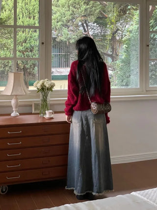 Chien Hem Fringe Maxi Long Denim Skirt