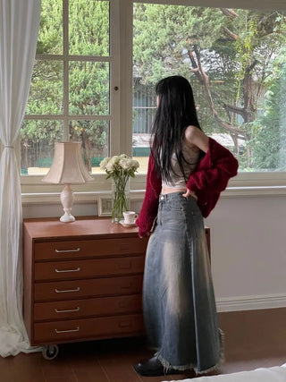 Chien Hem Fringe Maxi Long Denim Skirt