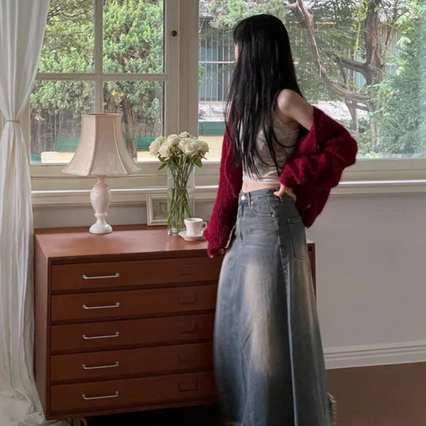 Chien Hem Fringe Maxi Long Denim Skirt