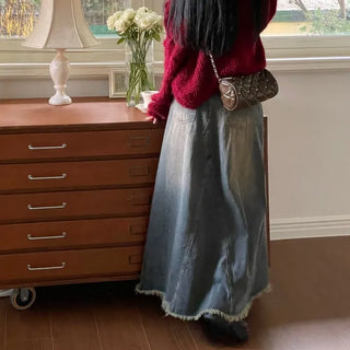 Chien Hem Fringe Maxi Long Denim Skirt