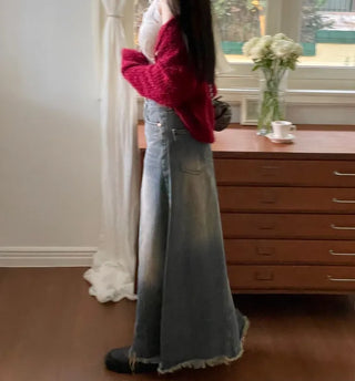 Chien Hem Fringe Maxi Long Denim Skirt