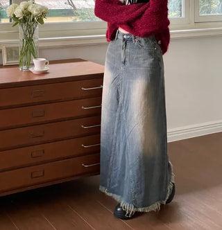 Chien Hem Fringe Maxi Long Denim Skirt